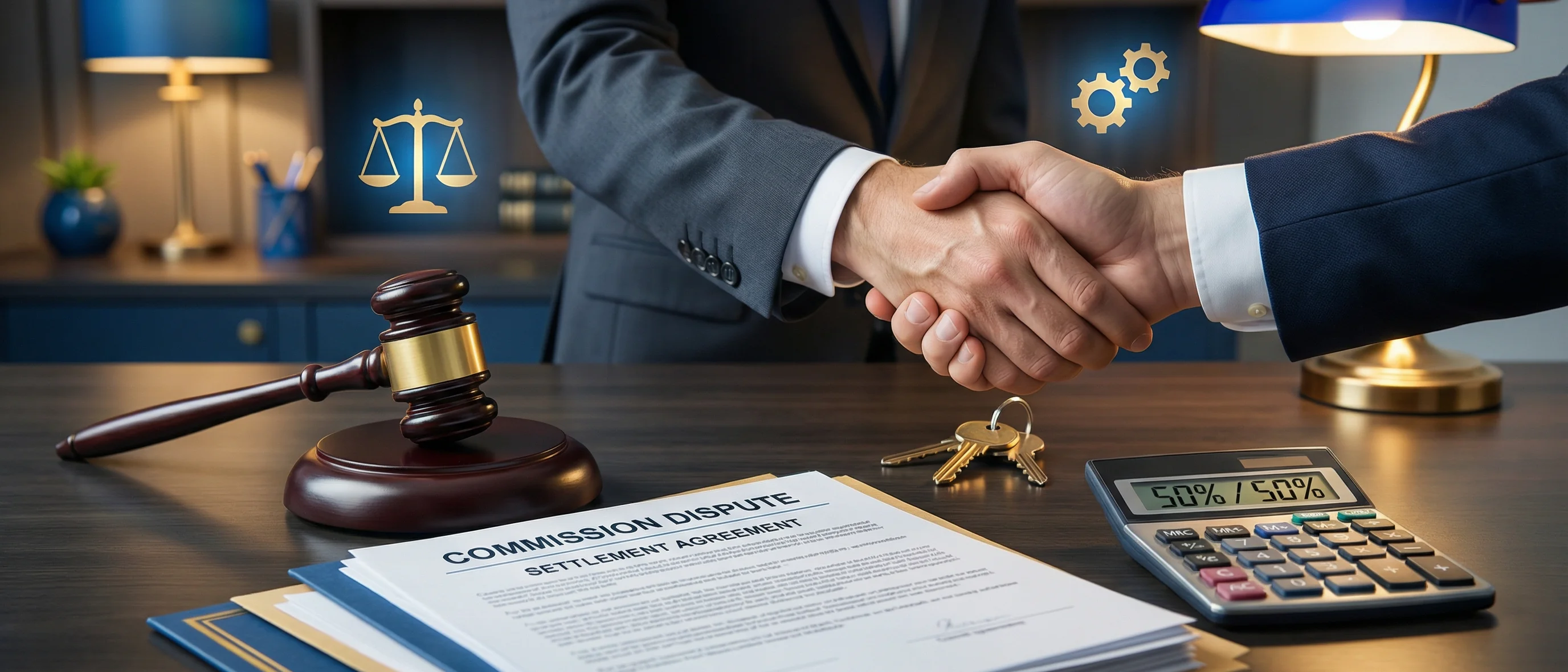 Halbteilungsgrundsatz bei Maklerprovision - Waage mit Geldmünzen und Richterhammer